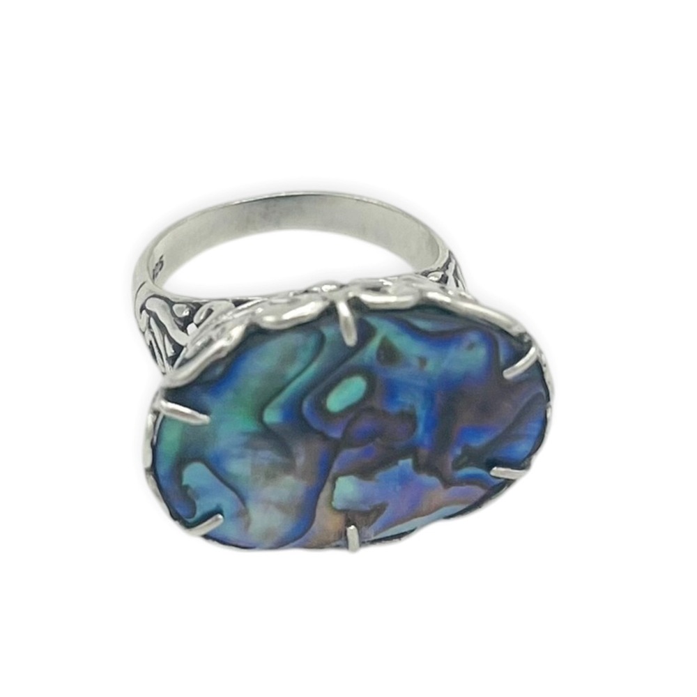G 925 Sterling Silver Ring Large Abalone Paua Shell Scrollwork Raised Sz 7.75